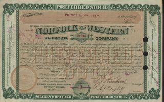 Usa Norfolk & Western Railroad Company Stock Certificate 1887 photo