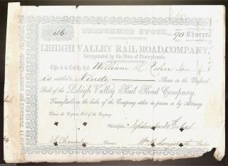 1864 Lehigh Valley Railroad Stock Certificate Signed By President Of Rr Pa photo
