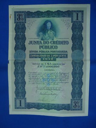 Portugal Share Junta Credito Publico 1000 Escudos 1942 Look Scans photo