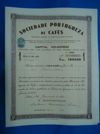 Portugal Share Sociedade Portugueza De CafÉs 5000 Escudos 1935 Look Scans photo