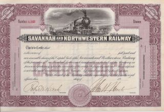 Savannah And Northwestern Railway. . . . . . .  Unissued Stock Certificate photo