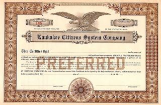 Kankakee Citizens System Company Preferred Stock Certificate Documentary Stamps photo