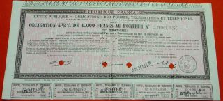 France (postes,  Telegraphes & Telephones) 1.  000 Francs 4.  5% 1923 French Bond photo