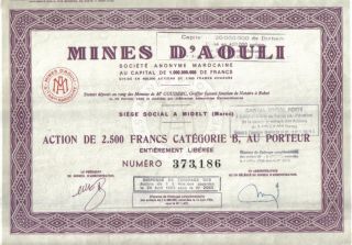 Africa Morocco France 1953 Share Lead Mines Aouli 2500 Fr Uncancelled Coupons photo