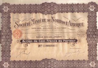 Africa France 1925 Northern Mining Company 100 Fr Uncancelled Coupons photo