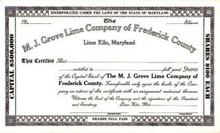 M.  J.  Grove Lime Co Of Frederick County (lime Kiln,  Md) 19 - - Stock Certificate photo