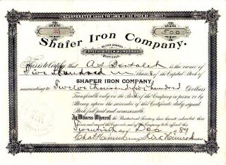 Shafer Iron Company Il 1889 Stock Certificate photo