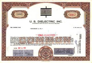 U.  S.  Dielectric Inc 1970 Stock Certificate photo