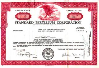 Standard Beryllium Corporation Ny 1965 Stock Certificate photo