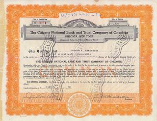 Citizens Nat ' L Bank Of Oneonta 62 Stock Certificate photo