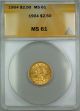 1904 $2.  50 Liberty Quarter Eagle Gold Coin Anacs Ms - 61 Gold photo 2