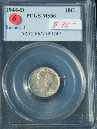 1944 - D Mercury Dime Pcgs Ms66 White Coin Gr8 Eye Appeal Gr8 Holder photo
