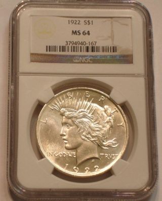 1922 P Peace Silver Dollar Ngc Ms 64; Brilliant Silvery White photo