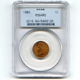 1903 Pcgs Ms64 Rd 1c Indian Cent Red Ogh Old Green Holder Red photo