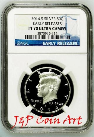 2014 S Silver Kennedy Half Dollar 50c Ngc Pf70 U.  C.  Early Releases Blue Label photo