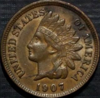 Rare 1907 Indian Head Cent Full Liberty + 4 Diamonds + Low photo