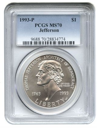 1993 - P Jefferson $1 Pcgs Ms70 Modern Commemorative Silver Dollar photo