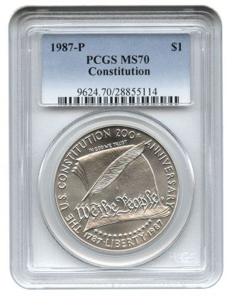 1987 - P Constitution $1 Pcgs Ms70 Modern Commemorative Silver Dollar photo