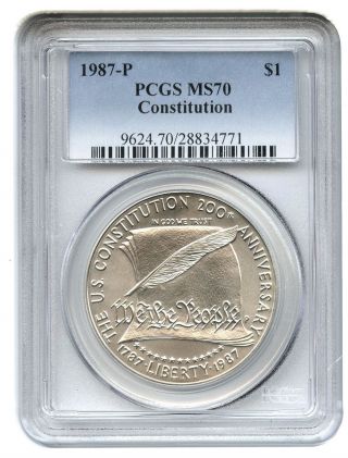 1987 - P Constitution $1 Pcgs Ms70 Modern Commemorative Silver Dollar photo