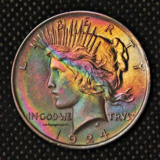 1924 P Peace Silver Dollar Rainbow Toned Cartwheel Luster Au+ photo
