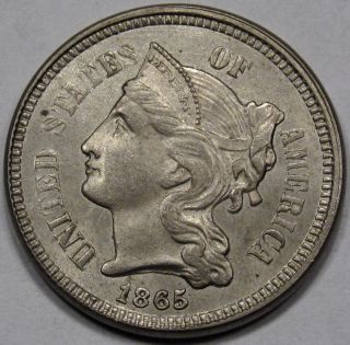 1865 Nickel Three Cent Piece.  Uncirculated,  Gem Bu/plus.  Clashed Dies, photo