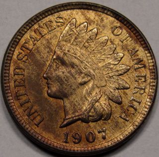 1907 Indian Head Cent.  Ms+ With Wood Grain Tone.  Gem Bu+,  Rb.  Pc photo