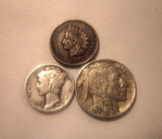 1903 Indian Cent - G,  1937 Buffalo Nickel - Au,  1944 90% Silver Mercury Dime - Vg photo