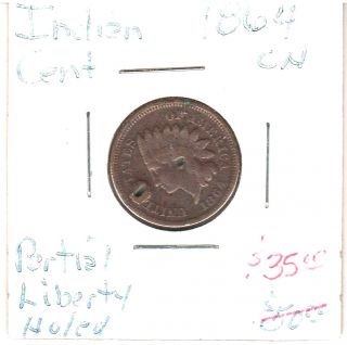 1864 Cn Indian Head Penny One Cent 1c Key Date Partial Liberty Holed Detail photo