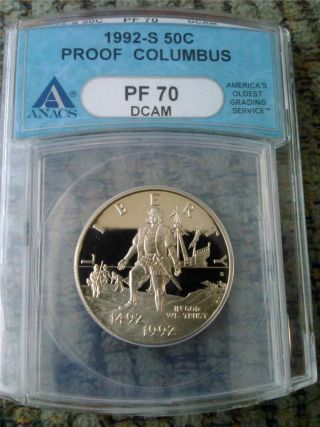 1992 - S Columbus Half Dollar,  Anacs Graded Pf70,  A Perfect Coin photo