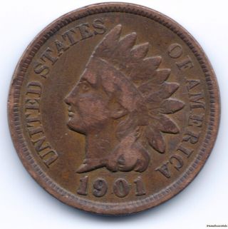1 Cent 1901 Indian Head Penny Liberty Head Ef,  Turn Of The Century Coin Toned photo