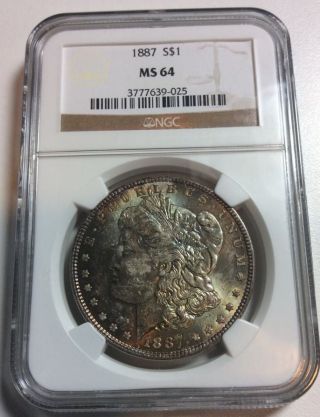1887 $1 Morgan Silver Dollar Ngc Ms 64 Pretty Toning Ms - 64 photo
