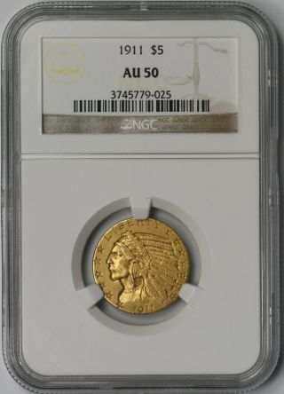 1911 Indian Head Gold Half Eagle $5 Au 50 Ngc photo