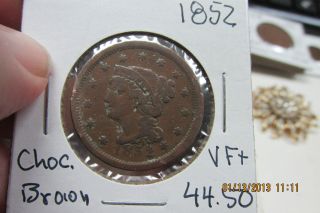 1852 Vf+ Large Cent From Estate L@@k Very Fine Plus Chocolate Brown photo
