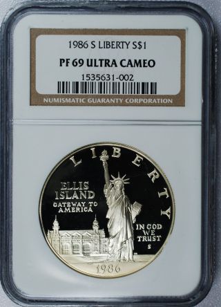 1986 - S Statue Of Liberty Silver Dollar - Ngc Pf69 Ultra Cameo photo