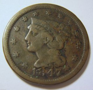 Fast 1847 Early Copper Large Cent 512e photo
