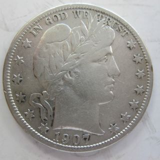 1907 - O Silver Barber Half Dollar In Vf Cleaned (94c) photo