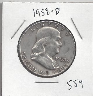 1958 D Franklin Half Dollar 90% Us Silver Coin 554 photo