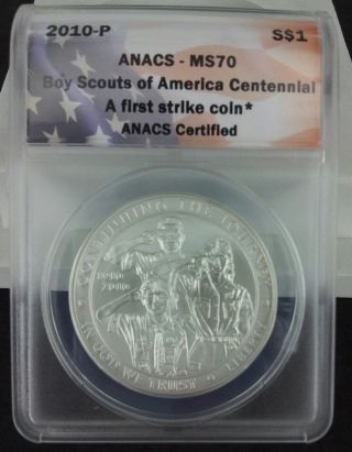 2010 Boy Scouts Of America Centennial Anacs Ms70 Silver Dollar photo