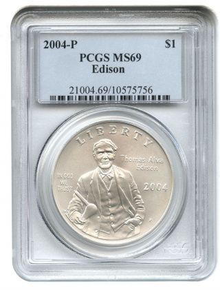 2004 - P Edison $1 Pcgs Ms69 Modern Commemorative Silver Dollar photo