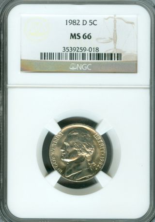 1982 - D Jefferson Nickel Ngc Ms - 66 Finest Graded. photo