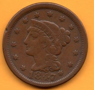 1847 1c Braided Hair Large Cent  @estate Find@ Lc405 photo