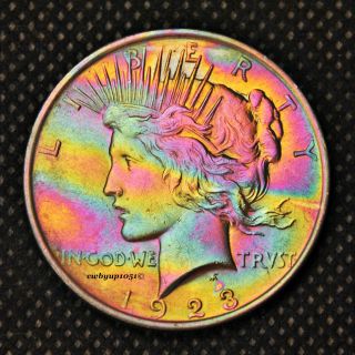 1923 P Peace Silver Dollar Rainbow Toned Cartwheel Luster Au+ photo