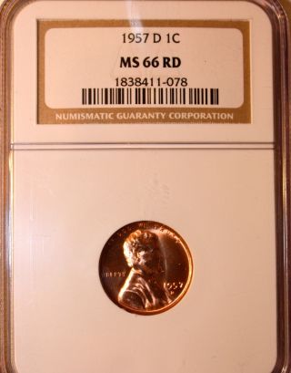1957 D Lincoln Cent Ngc Ms 66 Rd Unc Red Gem - Registry Quality photo