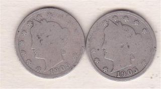 2 Liberty Head V Nickels 1905 photo