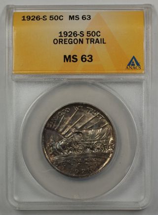 1926 - S Oregon Trail Commemorative Silver Half Dollar Coin Anacs Ms 63 photo