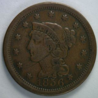 1856 Braided Hair Liberty Head Large Cent Slant 5 Us Copper Type Coin Vf2 photo
