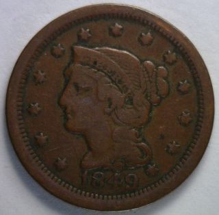 1849 Braided Hair Liberty Head Large Cent Us Copper Type Coin F photo