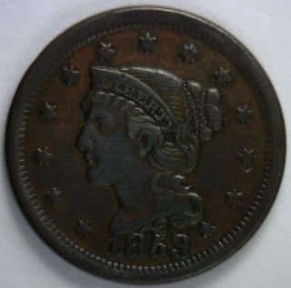 1853 Braided Hair Liberty Head Large Cent Us Copper Type Coin Vf1 photo