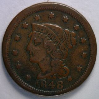 1848 Braided Hair Liberty Head Large Cent Us Copper Type Coin F1 photo