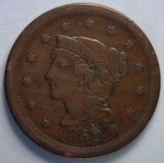 1852 Braided Hair Liberty Head Large Cent Us Copper Type Coin F2 photo